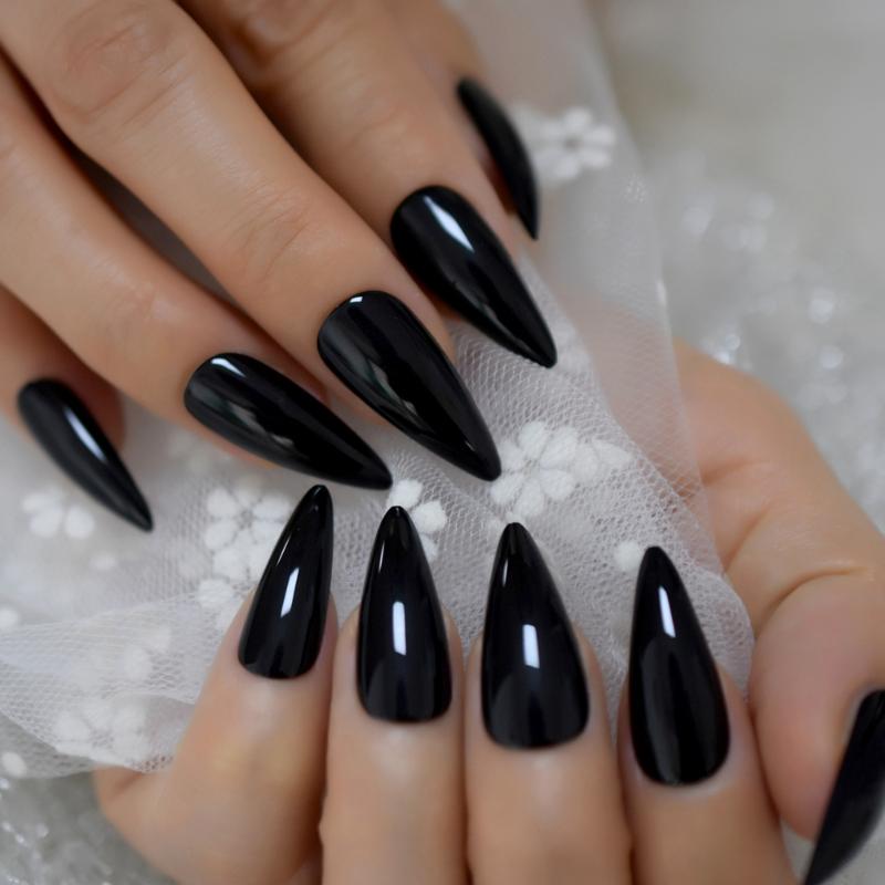 

Sharp Pointed Fake Nails Black Gelnails Medium-Long Size Real Stiletto Point Acrylic Nail Tips 24, Z931