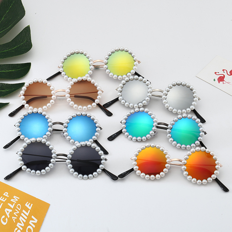 

The new handmade pearl children sunglasses B138 spot baby fashion street snap round glasses wholesale
