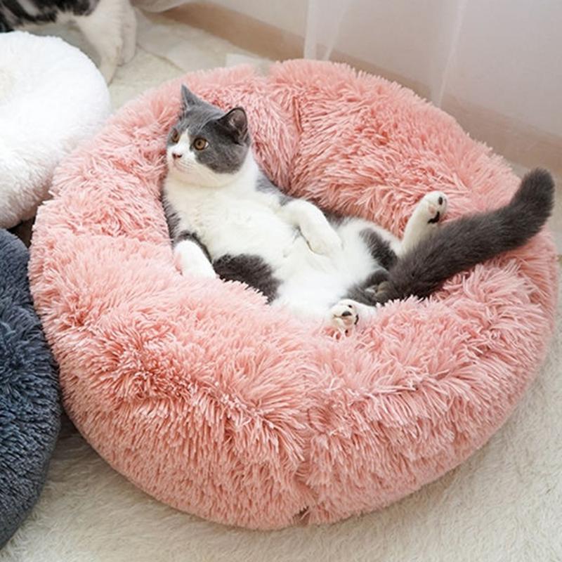 

Pet round plush cat bed house soft long plush cat bed Mat Kennel Winter Puppy Warm Sleeping Blanket Portable Supplies 2020