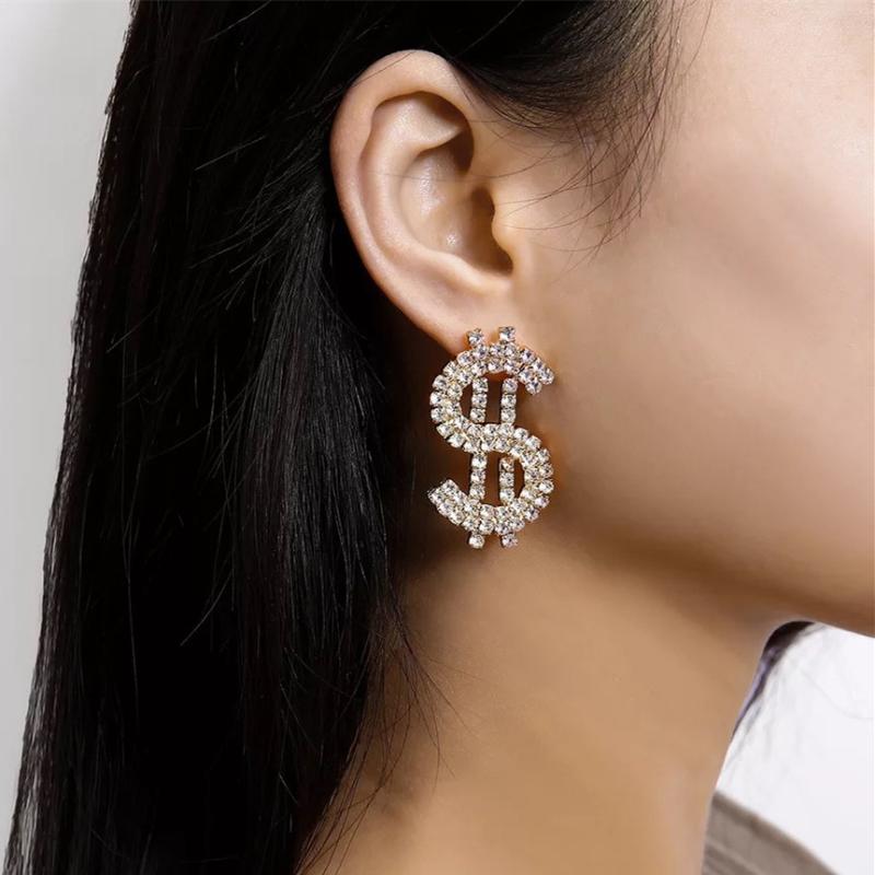 

Novelty Shiny Rhinestone Money Dollar $ Charm Stud Earrings Women Fashion Jewelry Maxi Girls's Collection Earrings Accessories
