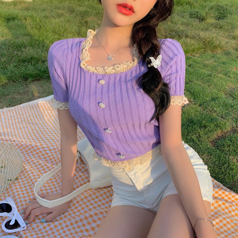 

Girls Patched Lace O-Neck Knitting T-shirt Tops Tees Female Short Sleeve Stretchy Slim Crop Tshirt Tops For Women Real Photos, Black