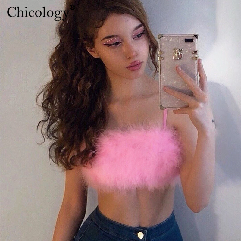

Chicology velvet fur crop camis top neon thin spaghetti straps sleeveless sexy women 2020 autumn winter streetwear party clothes, Black