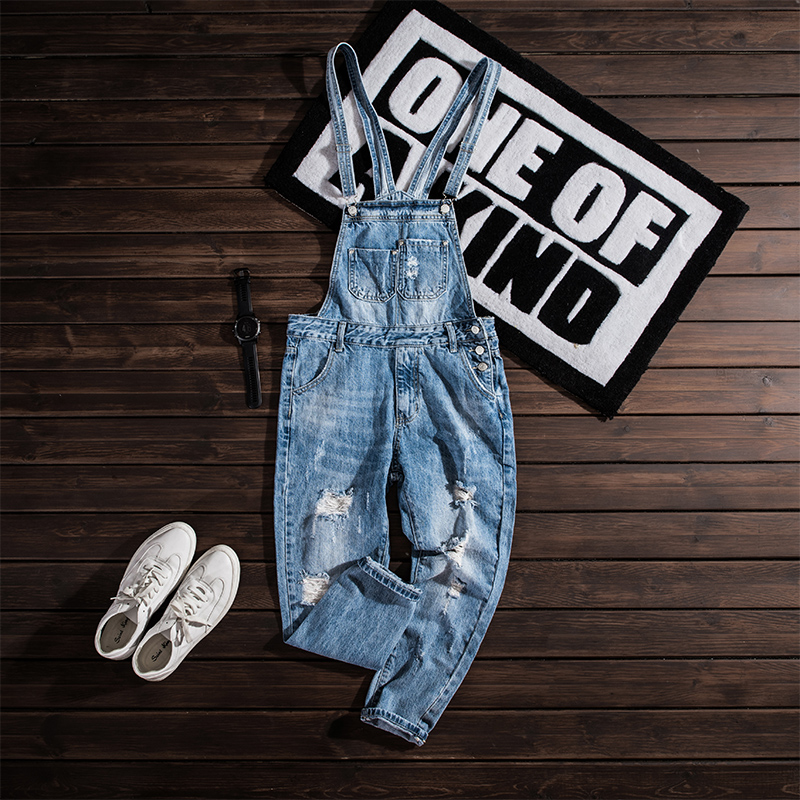 

Korean Street Style Handsome Boy Jeans Fashion Slim Ankle Length Denim Overalls High Quality Youthful Denim Jumpsuit Size 26-34, Blue
