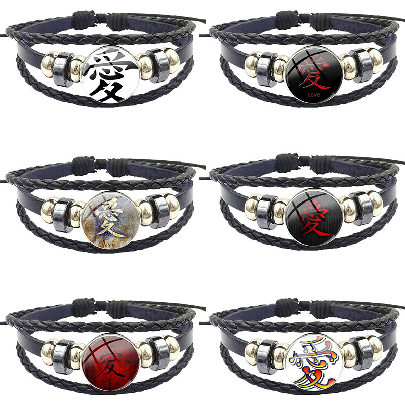 

For Women Gifts Boy Plated Jewelry With Glass Cabochon Black Leather Bracelet Bangle Japanese Characters Love