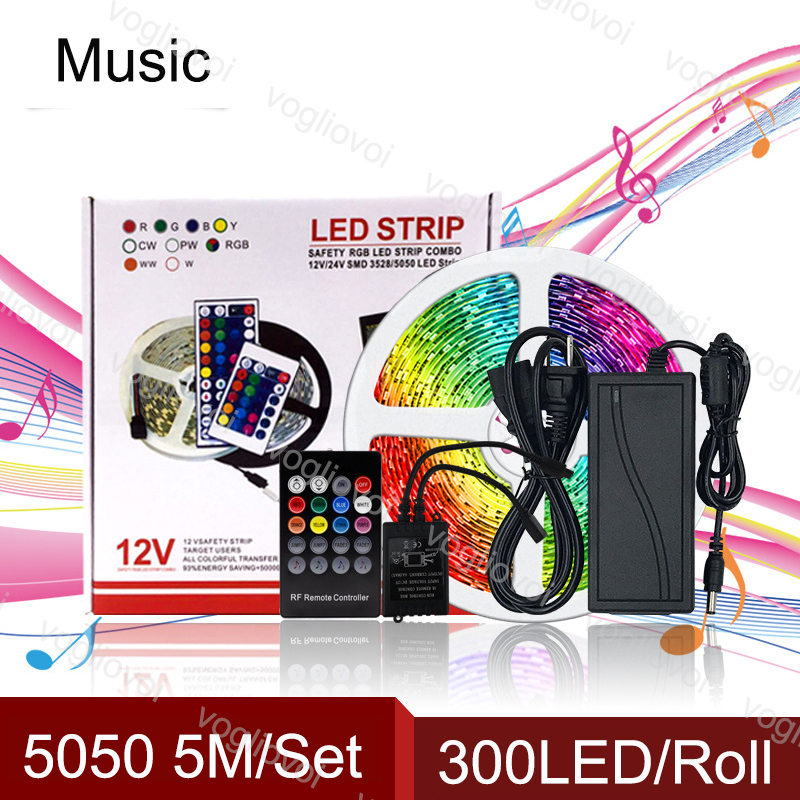 

Led Light Strip Bluetooth Music 5M SMD5050 300Leds/Roll DC12V RGB Waterproof Black 20keys 110-240V 5A Adapter For Courtyard KTV Plaza DHL