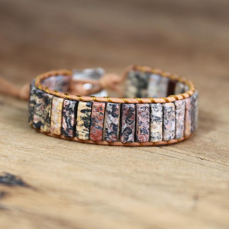 

Red Leopard Skin Stone Leather Bracelet Tube Shape Braided Bohemia Charm Bracelet Women Man Handmade Jewelry