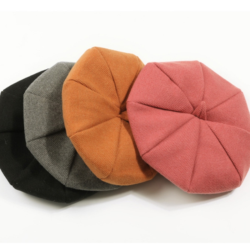 

Kids Girls Winter Knitted Beret Hat Solid Color Outdoor Travel Vintage Adjustable Octagonal Pumpkin Painter Beanie Cap, Black