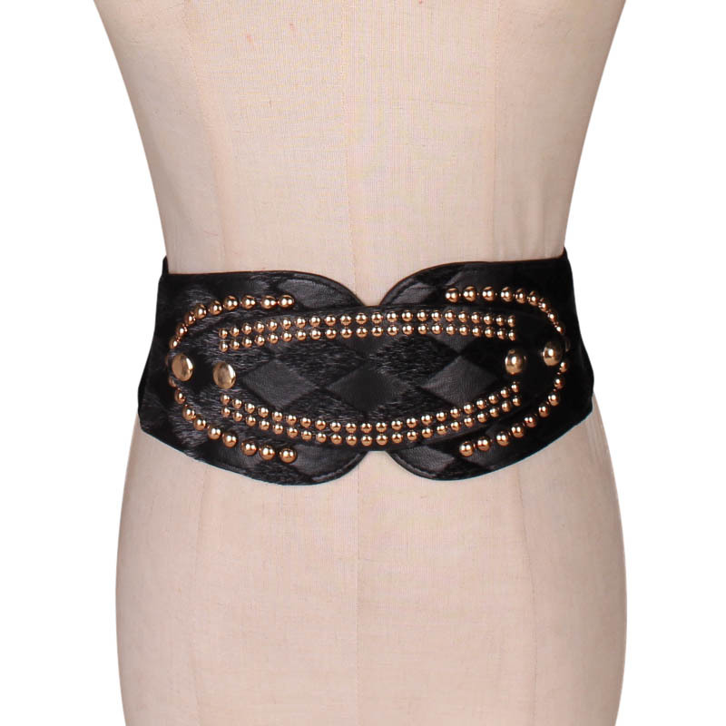 

2020 Women's New Retro Rivets Elastic Elasticity Ultra Wide Outside With Decorative Waist Seal Women, Black