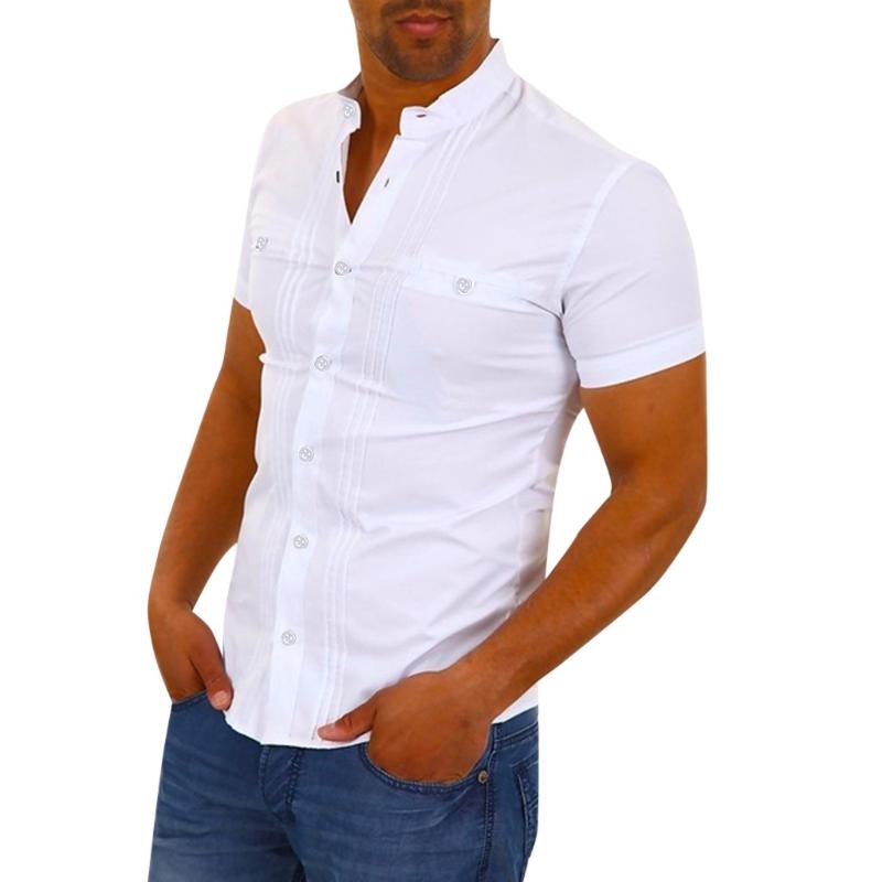 

Men Casual Shirts Summer Solid Short Sleeve Basic Shirt Blouse Solid Fit Slim Top Stand Collar Regular clothing Cotton 0509, Black
