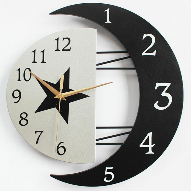 

3dWooden sun and moon shape wall clock European creative living room clock mute fashion home quartz