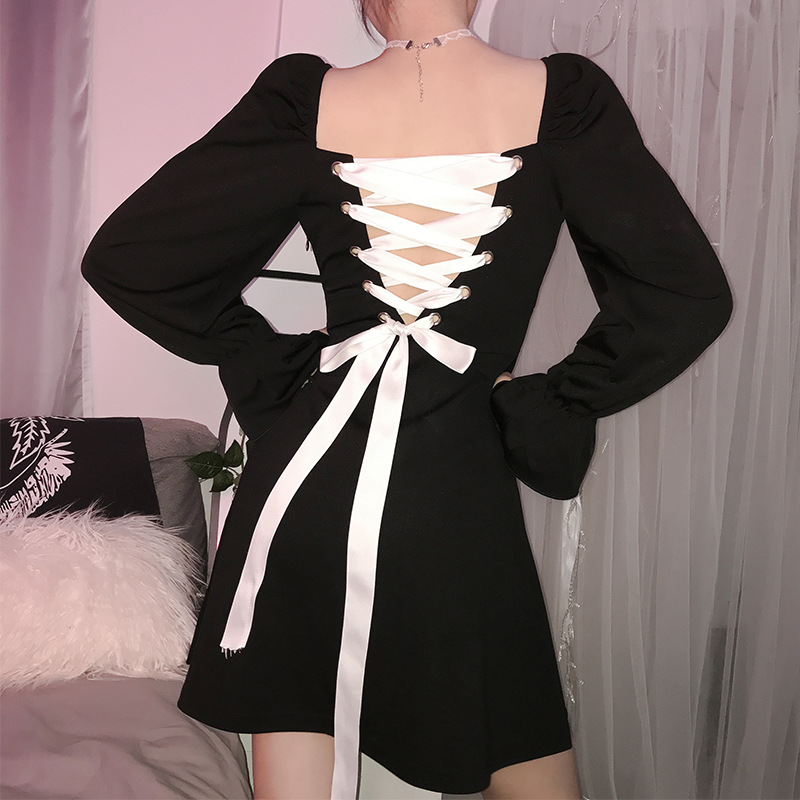 

A-Line Mini Autumn Dress Women 2020 Square Collar Sexy Butterfly Long Sleeve Lace Up Bodycon Women Winter Dress Party Dresses, Black