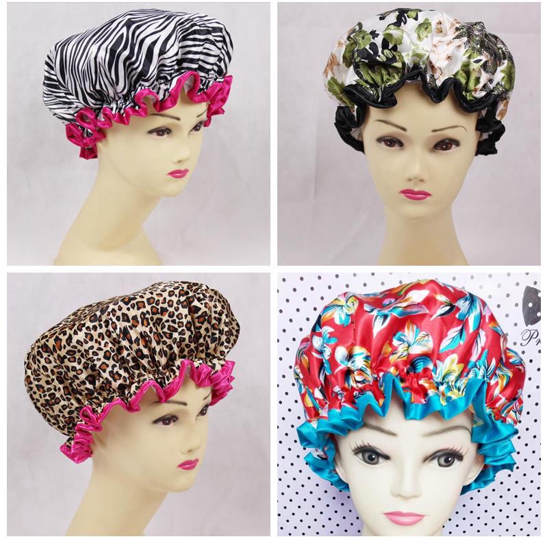 

High quality Silk bonnets Fashion new double layer polyester satin fabric shower caps Sleep night hats 1 size fit all, 4 designs for choose