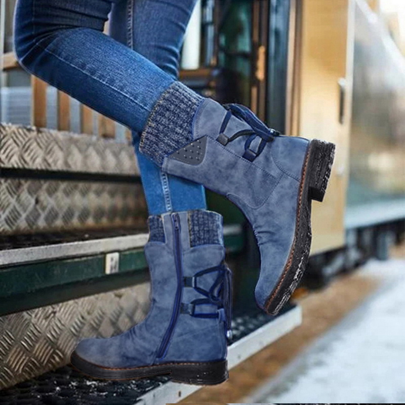 

2020 Women Winter Mid-Calf Boots Suede Vintage Shoes Ladies Fashion Snow Boots Knitting Cross Shoes Thigh High Suede Warm Botas, Black