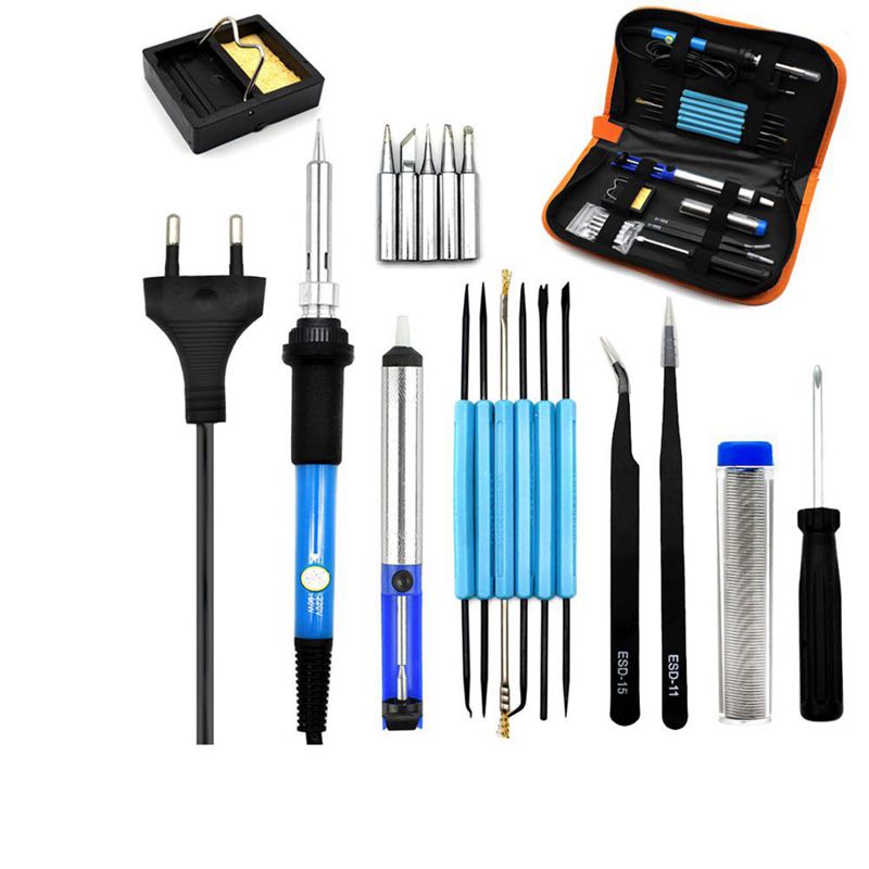 

Eu Plug 220v 60w Adjustable Temperature Electric Soldering Iron Kit+5pcs Tips Portable Welding Repair Tool Tweezers Solder Wire
