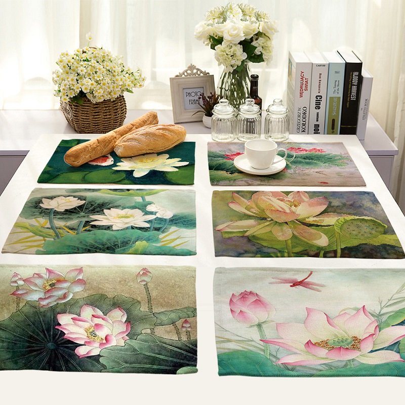 

Chinese Painting Lotus Mandala Life 4 pieces Set Kitchen Table Mats Cotton Linen Table Napkin Pattern Decorative Placemats