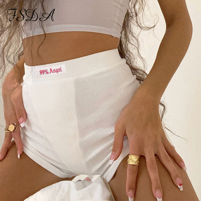 

Summer White Letter Embroidery Biker Shorts Women Ribber Knit Black High Waist Casual Streetwear Shorts, Beige
