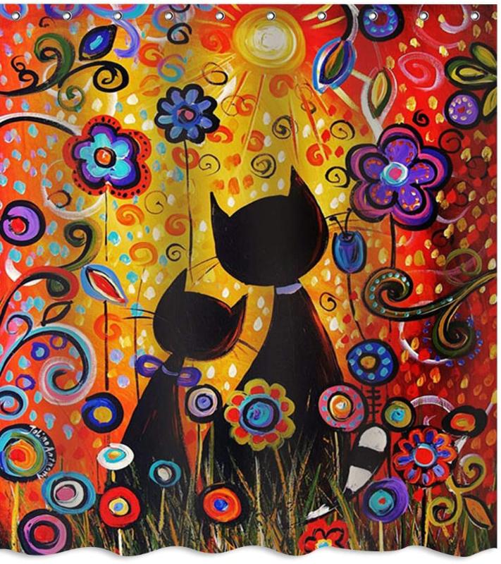 

Cute Cat Couple Flowers Fabric Shower Curtain Sets Bathroom Decor with Hooks Waterproof Bathroom Curtain Set