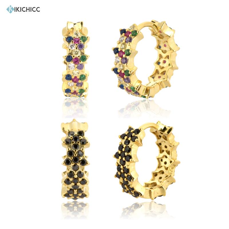 

Kikichicc 100% 925 Sterling Silver Gold Rainbow Zircon CZ Hoops Large Thick Huggies Circle Luxury Black Fashion Jewelry