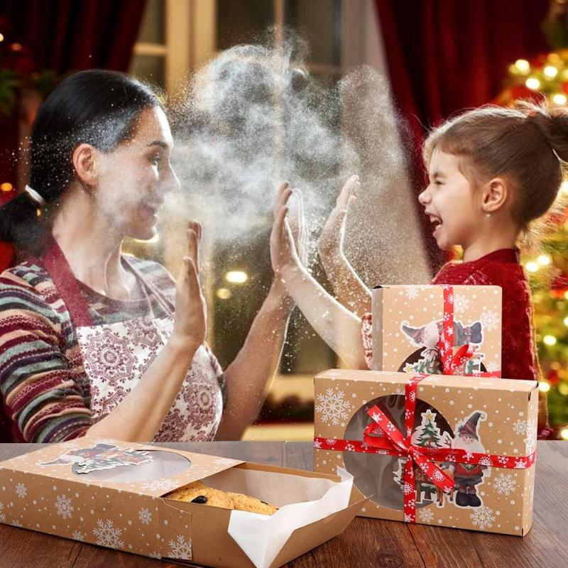 

24pcs Christmas Cookie Gift Boxes New Year Favors Boxes with Clear Window Kraft Paper Candy Arts Package Box