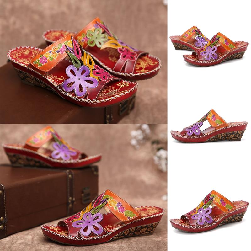

Women Summer Beach Sandals Bohemian Mid Wedge Sandals Shoes Female Vintage Pu Leather Footwear Female Genuine Sandalias D30, Red