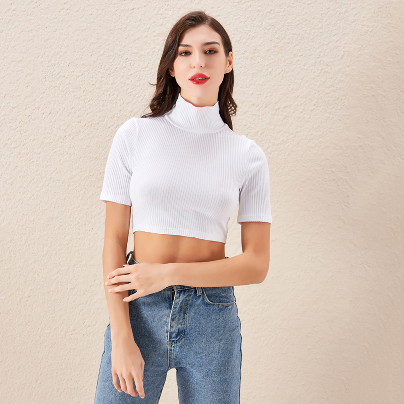 

Thin Knitted T Shirt Summer Woman Short Sleeve Tees Tops Casual T-Shirt Female Stretchy Tshirt Turtleneck Women Slim Knit Tee, White
