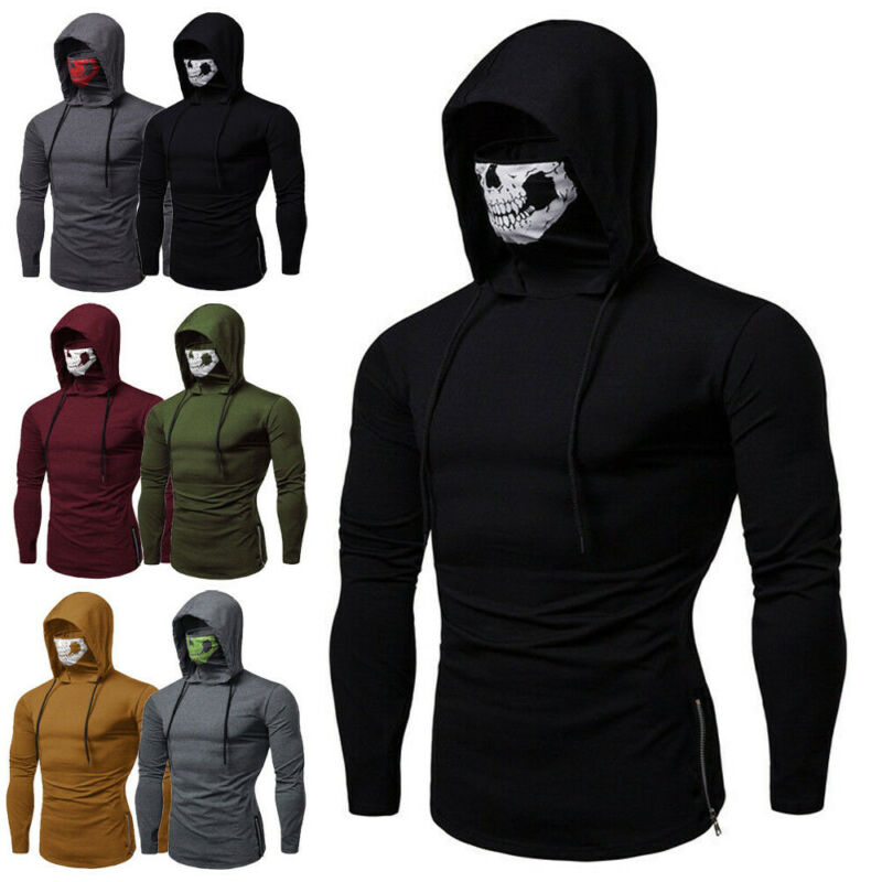 

Fashion Slim Mens Gym Thin Hoodie Casual Long Sleeve Hoodies With Mask Skull Sweatshirt Tops, Black