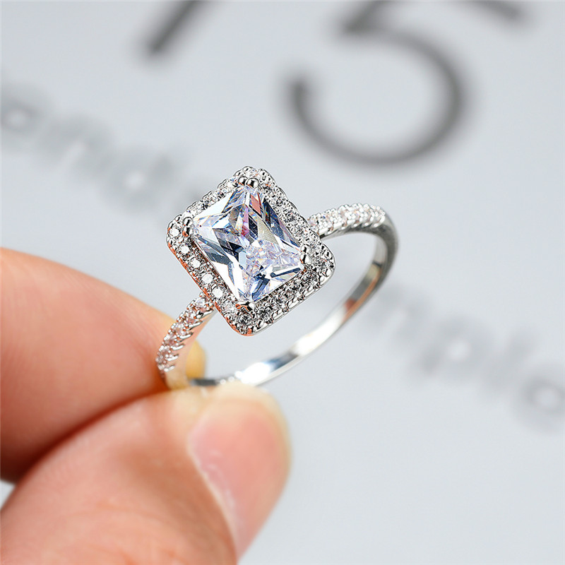 

Classic Female White Crystal Stone Ring Charm Silver Color Thin Wedding Rings For Women Trendy Zircon Square Engagement Ring