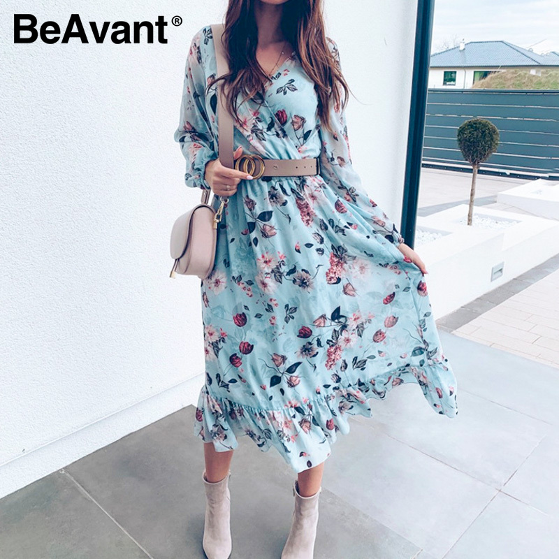 

BeAvant Blue Long Sleeve Women Boho Dress Floral Print Vintage Dresses Ruffles Female Summer Holiday Casual Dress Vestidos 2020