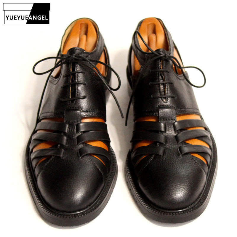 

Italy Retro Mens Sandals Runway Hollow Out Lace Up Genuine Leather Mens Shoes Round Toe Block Heels Gladiator Plus Size Footwear, As photo