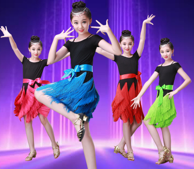 

Songyuexia new Children's tassels Latin Dance Dress Children's Latin Skirt sleeveless dancewear for kid, Blue