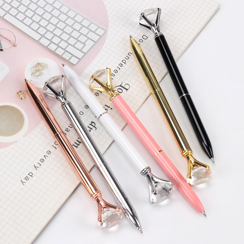 

1PC Big Diamond Crystal Pen Gem Ballpoint Pen Ring Wedding Office Metal Ring Roller Ball Black Rose Gold Silver Pink