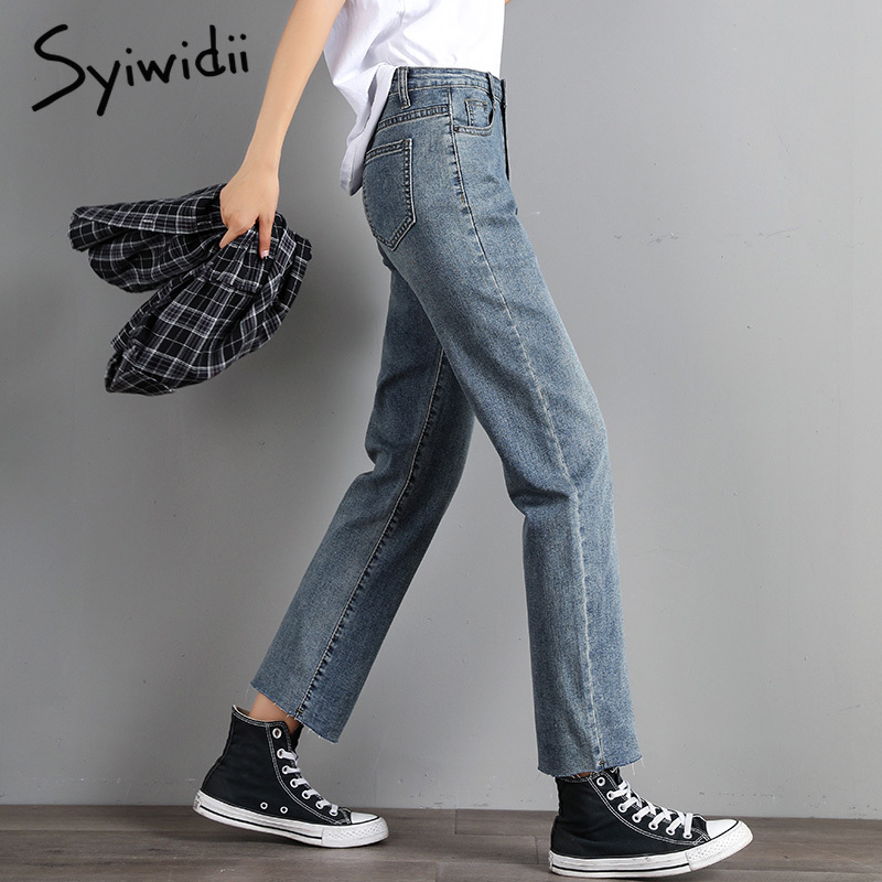 

High waist plus size jeans blue denim pants Straight Vintage Streetwear ripped jeans for women Washed Panelled Coated jean 2020