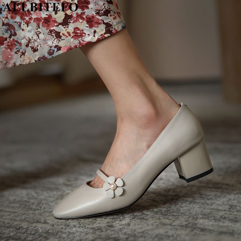 

ALLBITEFO square toe genuine leather thick heels wedding women shoes brand high heels office ladies shoes flowers women, As picture