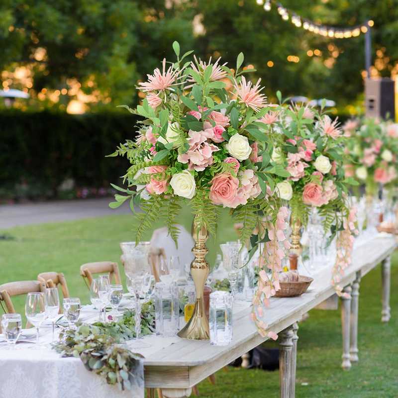 

artificial flower Wedding decor table flower ball centerpiece silk plastic bouquet rose peony olive leaf with gold vase, 01