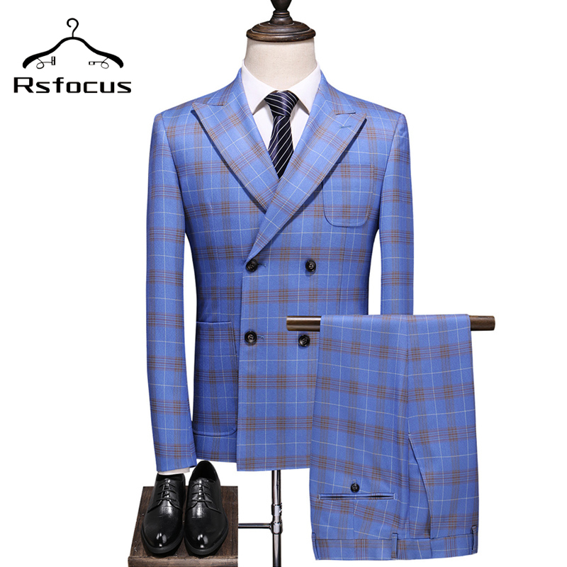 

Double Breasted Plaid Suit For Men Light Blue Mens Suits Designers 2020 Terno Slim Fit Masculino Groom Wedding Suit Man TZ031, Blazer