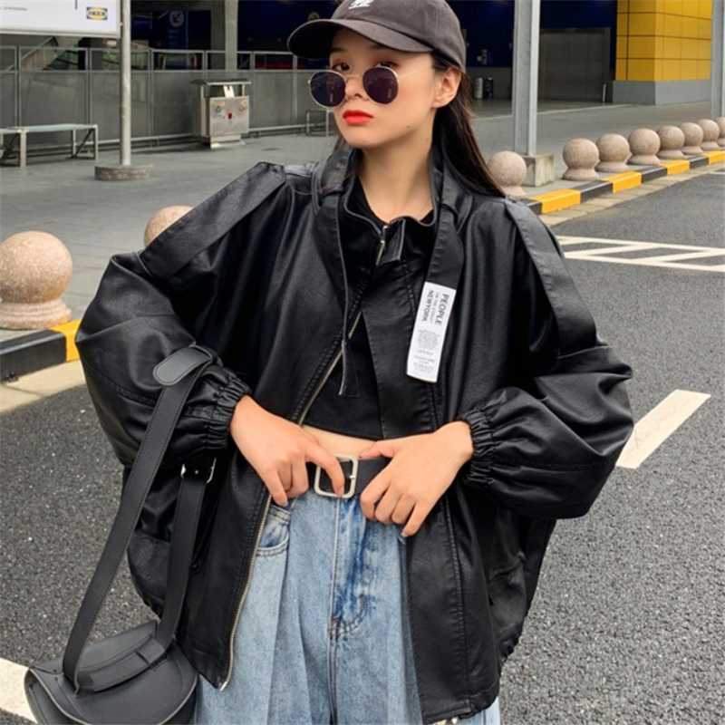 

Leather jacket Women Lace up Pocket Harajuku style PU 2020 New Autumn And Winter Ladies Tops Garb Commute Female High Quality, Black