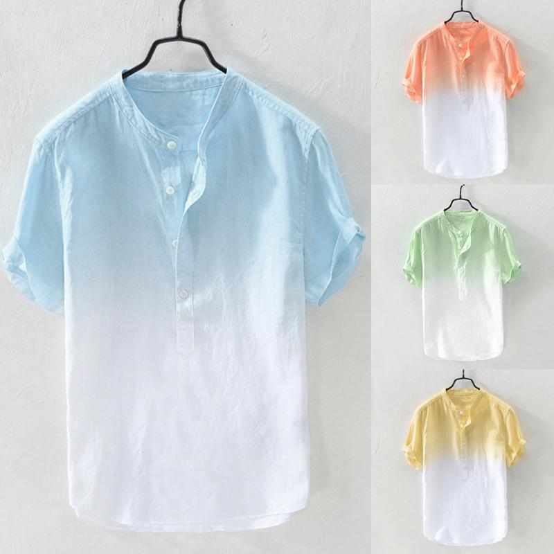 

2020 New Summer Mens Cool And Thin Breathable Collar Hanging Dyed Gradient Cotton Shirt -3XL chemise homme, Blue