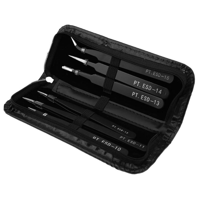 

6Pcs/Set Tweezer tools ESD 10-15 Safe Anti-static Stainless Steel Soldering Tweezers Tools Set for Soldering Station with Bag