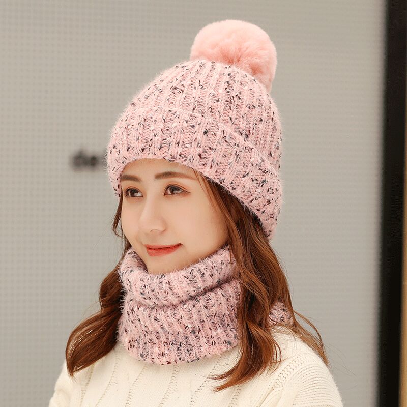 

Female Warm Beanie Hat Riding Snow Caps Winter Women Knitted Hat Scarf Set Hairball Pom Pom Fashion Wool Thickening Collars, Black