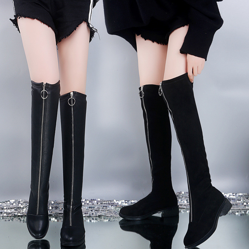 

2020 New Autumn Winter Women Boots Ring Front Zipper Women Over Knee Boots Stretch Suede&PU High Heels Woman Shoes Size 35-41, 1 pu black