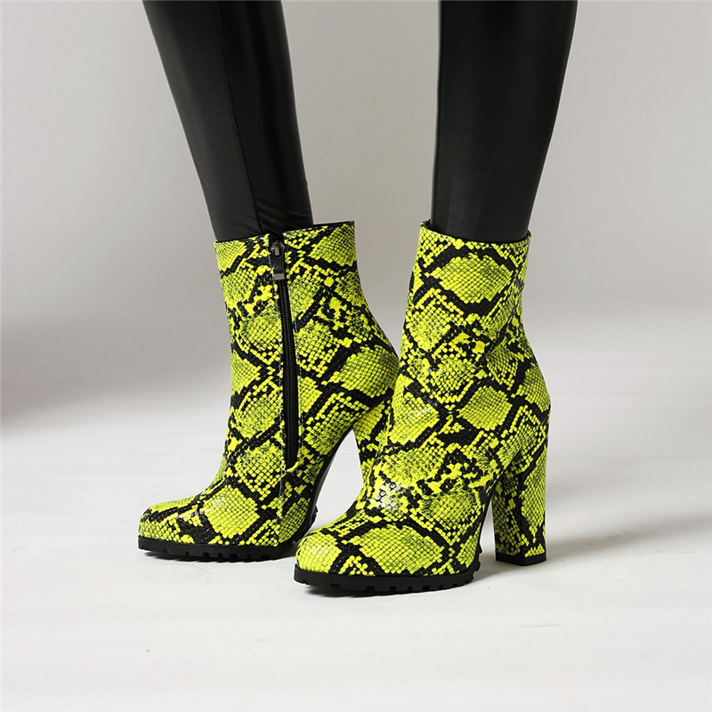 

YMECHIC Winter 2020 Trendy Booties Woman Snake Print High Heels Boots Women Silver Yellow Block Heel Womens Boots Ankle Shoes 42