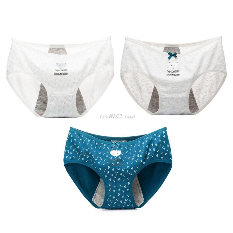 

Women Girls High Waist Cotton Menstrual Sanitary Underwear Cartoon Animal Printed Briefs Bowknot Decor Leakproof Period Panties, Beige