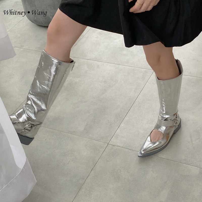 

WHITNEY WANG 2020 Autumn Fashion Streetwear Designer Style Sweet Heart Hollow Out Metallic PU Boots Women Stylish Shoes, Silver