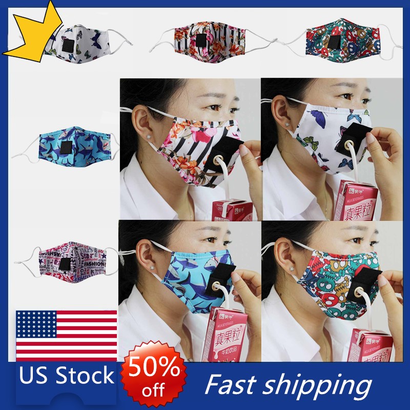 

US Ship Drink Face Masks for Adult Outdoor Anti Pollution Fog Cotton Mouth Straw Mask Reusable Washable Dustproof Protective Face Cover