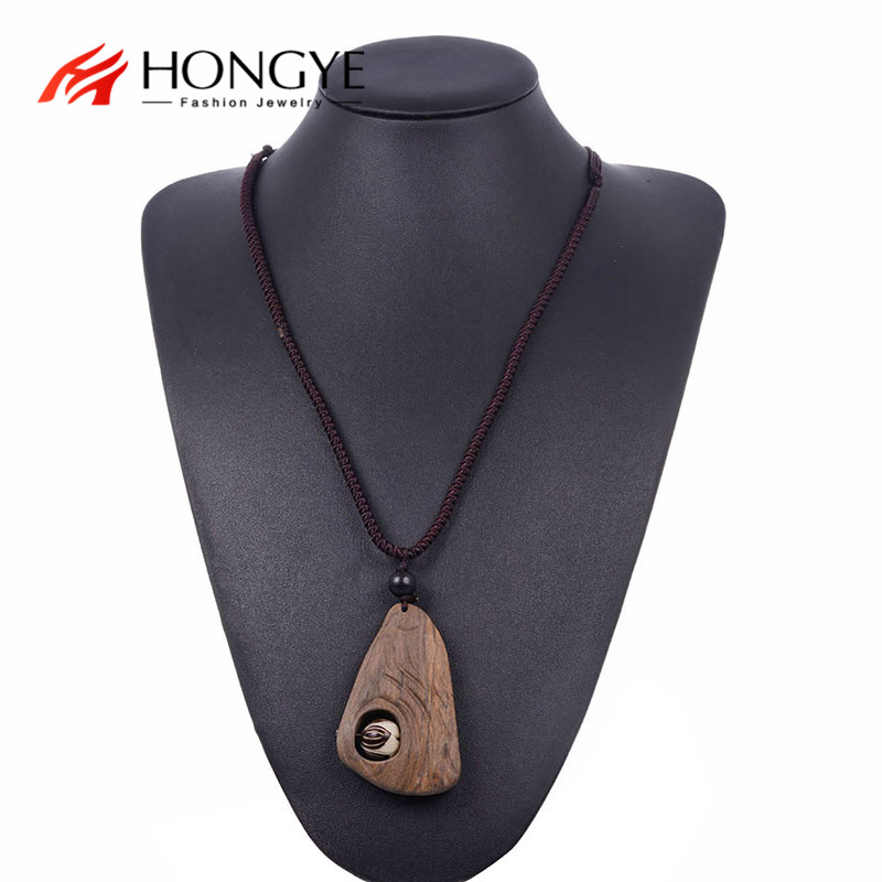 

HONGYE Exaggerated Personality Ethnic Retro Long Sweater Chain Necklace Simple Handmade Wooden Pendant Apparel Pendant Collier