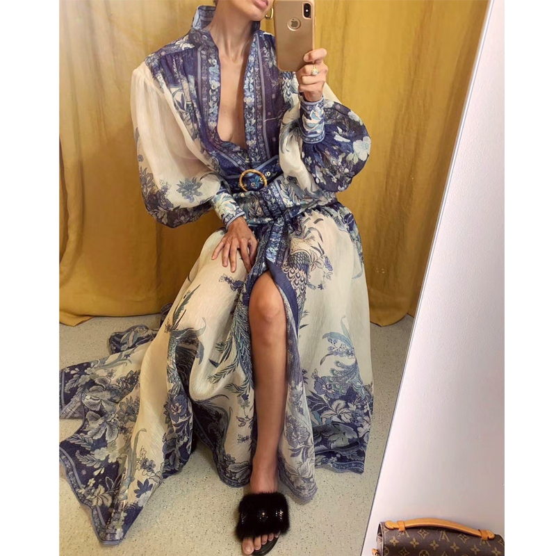 

Gedivoen Fashion Runway Spring Autumn Dress Women Stand Collar Print Belt Slim A Line Dress Party Maxi Long Dresses Vestidos, Multi