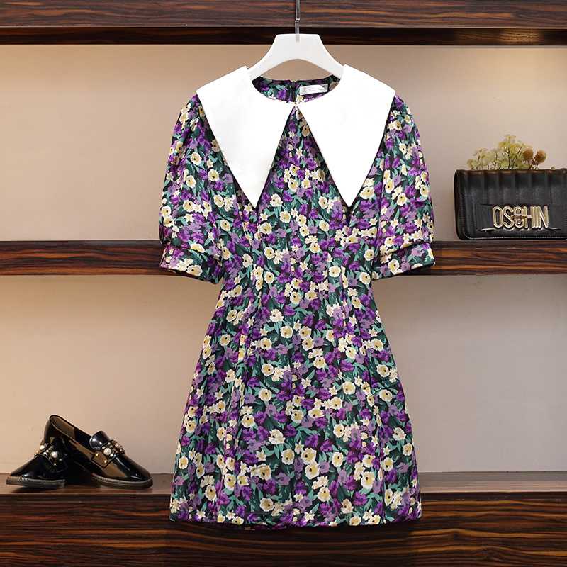 

Vintage purple floral Dress Women Summer Short Puff Sleeve elegant party Dresses Plus Size sexy short Dress vestidos, As pic
