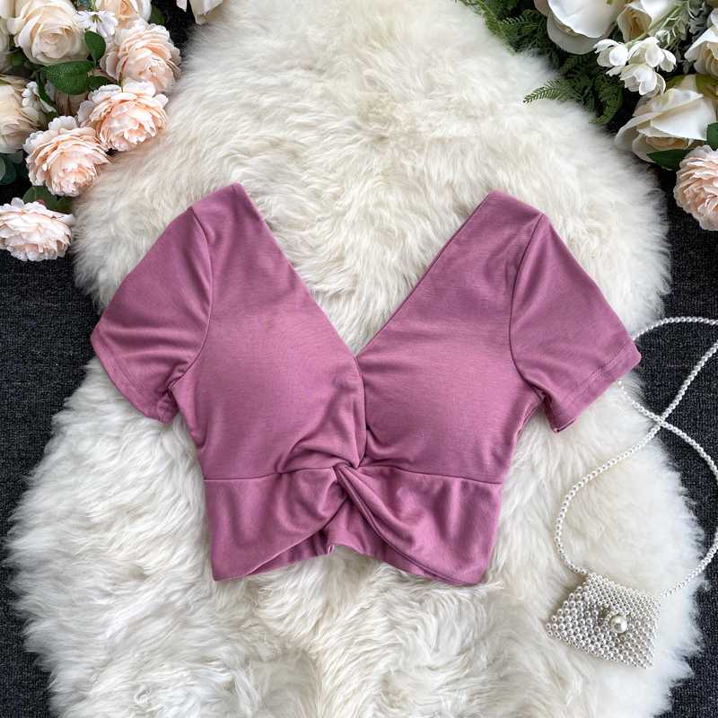 

2021 Summer New V-neck Fashion Women T-shirts Short High Waist Bow Female Pulls Running Tops Tees Top Quality, See chart