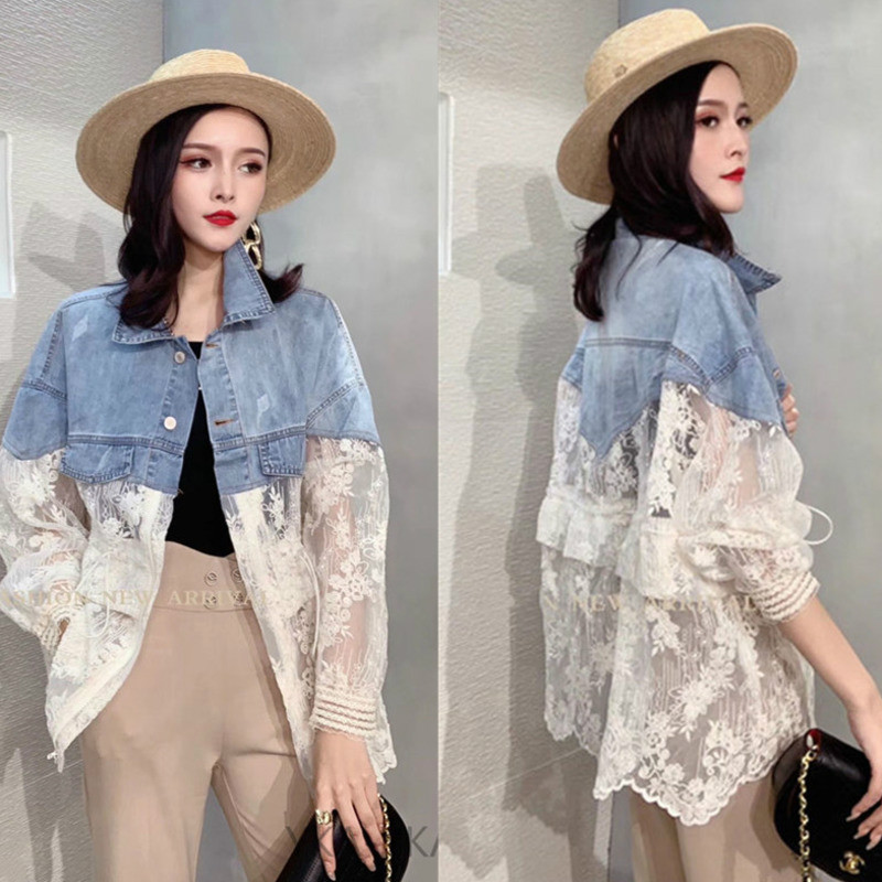 

Women's Jackets 2021 Summer Long Sleeve Large Size Jean Women Coat Loose Lace Stitching Perspective Top Jacket Ladies Denim Coats, Picture color