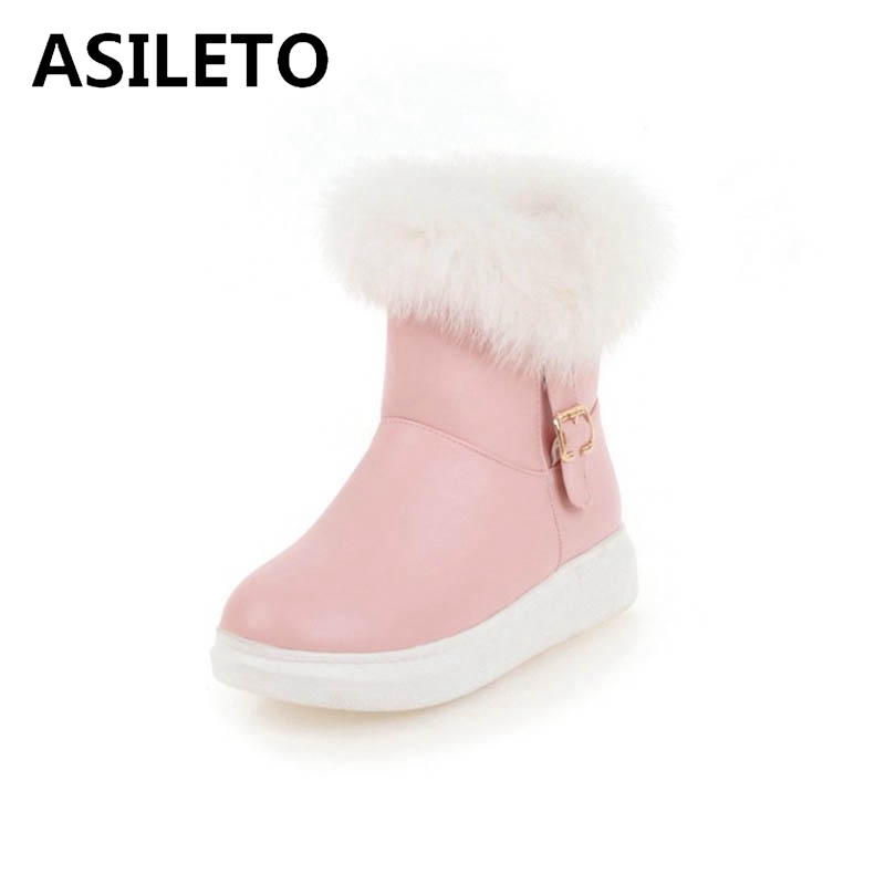 

ASILETO Warm fur Winter Snow Ankle Boots Platform Round Toe Flat with Slip on Buckle Furry Large size 33-43 Black Casual T1111